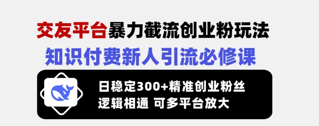 交友平台暴力截流创业粉玩法,知识付费新人引流必修课,日稳定300+精准创业粉丝,逻辑相通可多平台放大-第一资源库