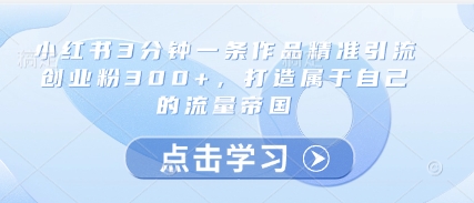 小红书3分钟一条作品精准引流创业粉300+，打造属于自己的流量帝国-第一资源库