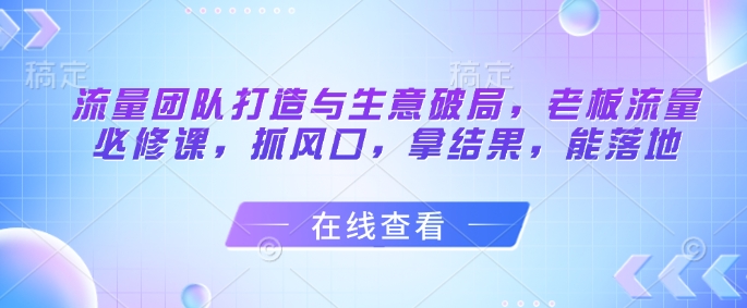 流量团队打造与生意破局,老板流量必修课,抓风口,拿结果,能落地-第一资源库