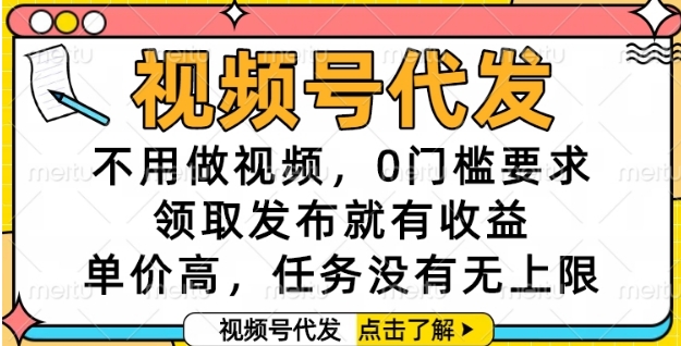 视频号代发,不用做视频,0门槛要求,领取发布就有收益,单价高,任务没有无上限【揭秘】-第一资源库
