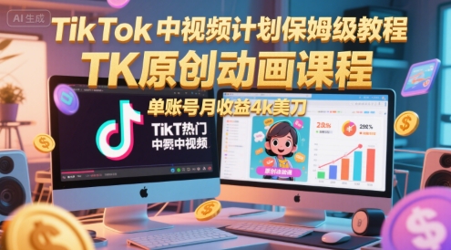 TikTok中视频计划保姆级教程，TK原创动画课程，单账号月收益4k美刀-第一资源库