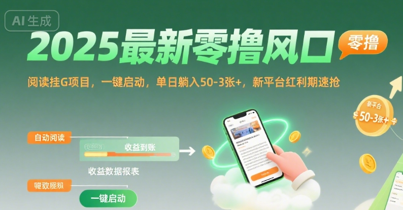 2025最新零撸风口,阅读挂G项目,一键启动,单日躺入 50-3张+,新平台红利期速抢【揭秘】-第一资源库