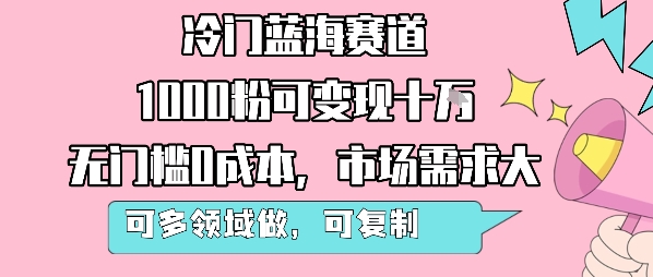 冷门蓝海赛道,1000粉可变现十W,无门槛0成本,市场需求大,可多领域做,可复制性强-第一资源库