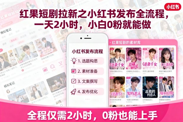 红果短剧拉新之小红书发布全流程,一天2小时,小白0粉就能做-第一资源库