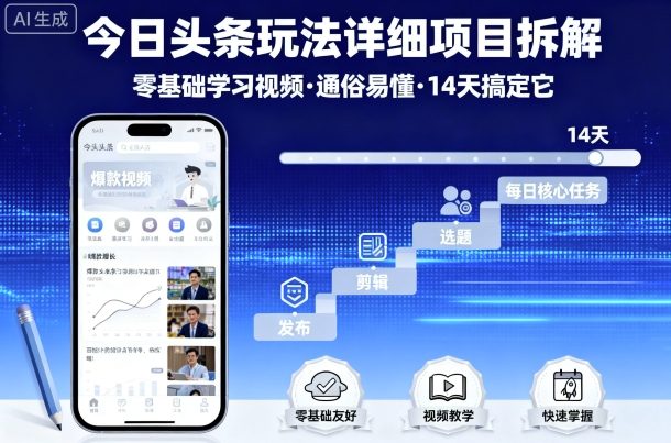 今日头条玩法详细项目拆解,零基础学习视频 通俗易懂 14天搞定它-第一资源库