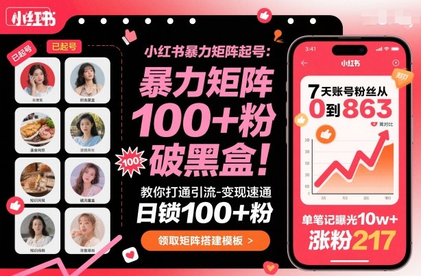 小红书暴力矩阵起号,教你打通引流-变现速通,日锁100+粉,破流量黑盒-第一资源库