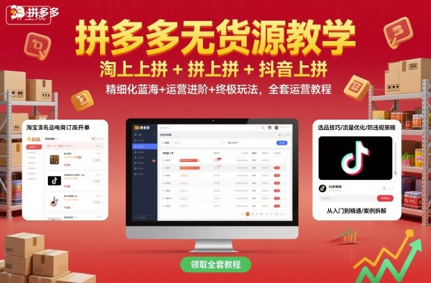 拼多多无货源教学,淘上拼+拼上拼+抖上拼,精细化蓝海+运营进阶+终极玩法,全套运营教程-第一资源库