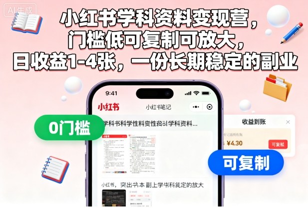 小红书学科资料变现营，门槛低可复制可放大，日收益1-4张，一份长期稳定的副业-第一资源库