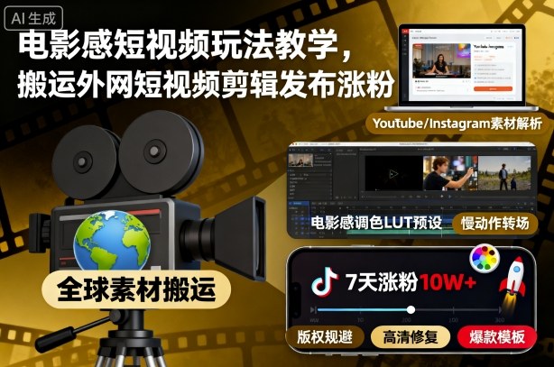 电影感短视频玩法教学,搬运外网短视频剪辑发布涨粉-第一资源库