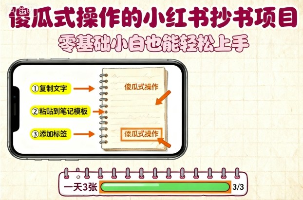 傻瓜式操作的小红书抄书项目，会复制粘贴就行，零基础小白也能一天3张-第一资源库