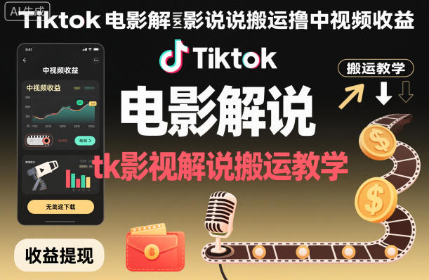 Tiktok电影解说搬运撸中视频收益,tk影视解说搬运教学-第一资源库