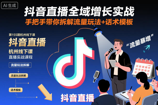 抖音直播全域增长实战第155期杭州线下课,手把手带你拆解流量玩法+话术模板-第一资源库