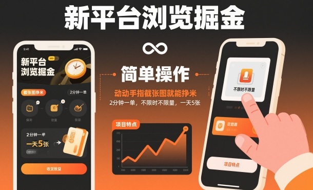 新平台浏览掘金,动动手指截张图就能挣米,2分钟一单,不限时不限量,一天5张【揭秘】-第一资源库