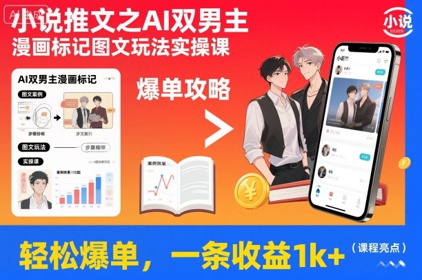 小说推文之AI双男主漫画标记图文玩法实操课,轻松爆单,一条收益1k+-第一资源库