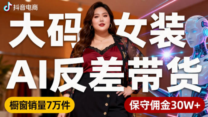 抖音小众赛道,大码女装AI反差带货,不用直播,每天6条作品,橱窗卖7万件,保守佣金30W+-第一资源库