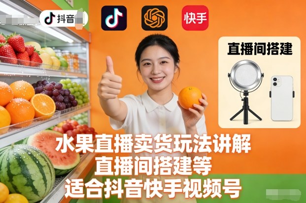 水果直播卖货玩法讲解、直播间搭建等,适合抖音快手视频号-第一资源库