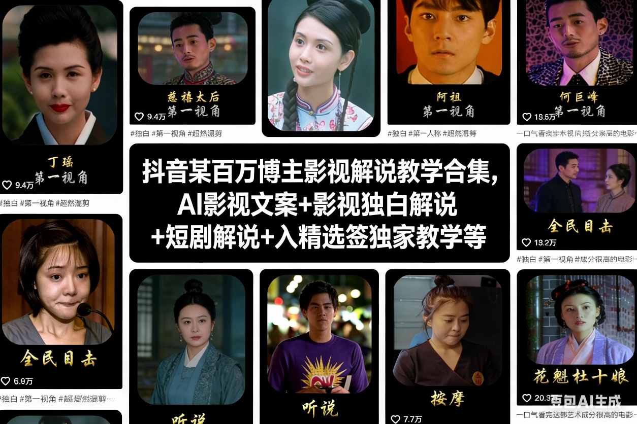 抖音某百万博主影视解说教学合集,AI影视文案+影视独白解说+短剧解说+入精选签独家教学等-第一资源库