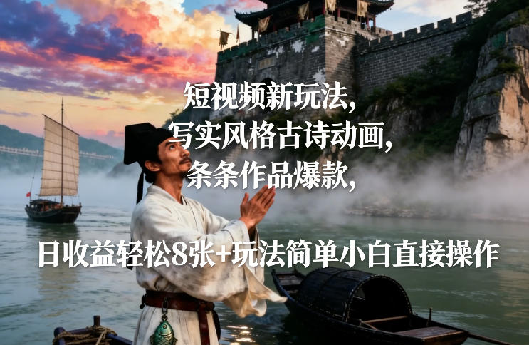 短视频新玩法，写实风格古诗动画，条条作品爆款，日收益轻松8张+玩法简单小白直接操作-第一资源库