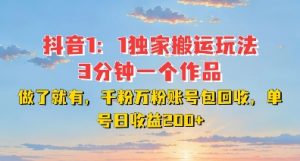 DY独家1：1搬运玩法，3分钟搞定一个作品，千粉万粉账号包回收，单号日收益2张【揭秘】-第一资源库