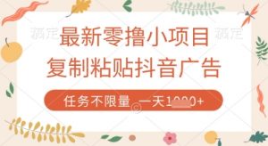 最新零撸小项目，复制粘贴抖音广告即可挣钱，平台大水，任务不限量，一天数张【揭秘】-第一资源库