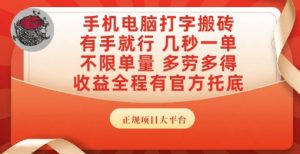 手机电脑打字搬砖,副业可发展主业来做蓝海项目,有手就行,几秒一单,不限单量,多劳多得【揭秘】-第一资源库