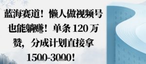 蓝海赛道，懒人做视频号也能躺挣，单条120W赞，分成计划直接拿1.5k，不用拍不用剪-第一资源库