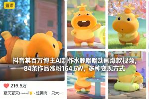 抖音某百万博主AI制作水豚噜噜动画爆款视频,84条作品涨粉164.6W,多种变现方式-第一资源库